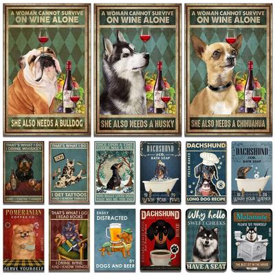 Funny Dogs Tin Signs Bulldog Husky Chihuahua Dachshund Retro Metal Posters Wall Decor Puppy Bath Time Vintage Iron Paintings