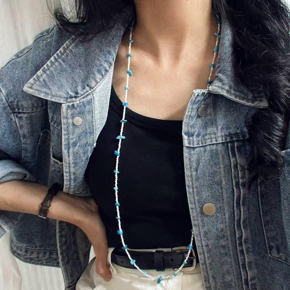 Vintage High Quality Natural Shell Baby Beads Artificial Turquoise Necklace Collarbone Chain Sweater Chain