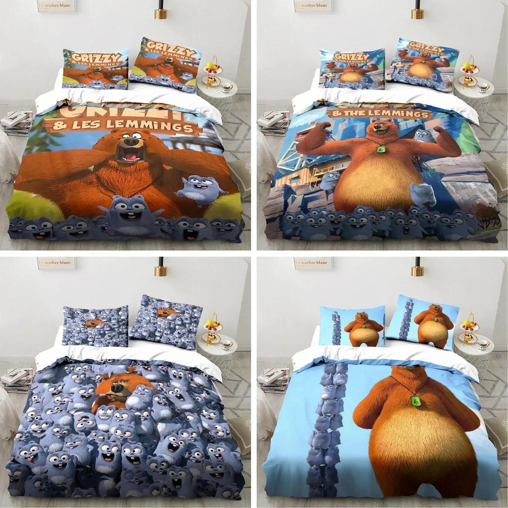 Grizzy and The Lemmings Bedding Set Duvet Cover Sheet Printed Bed Set Pillowcase Bed Full Queen King Size For Comforter Bedroom