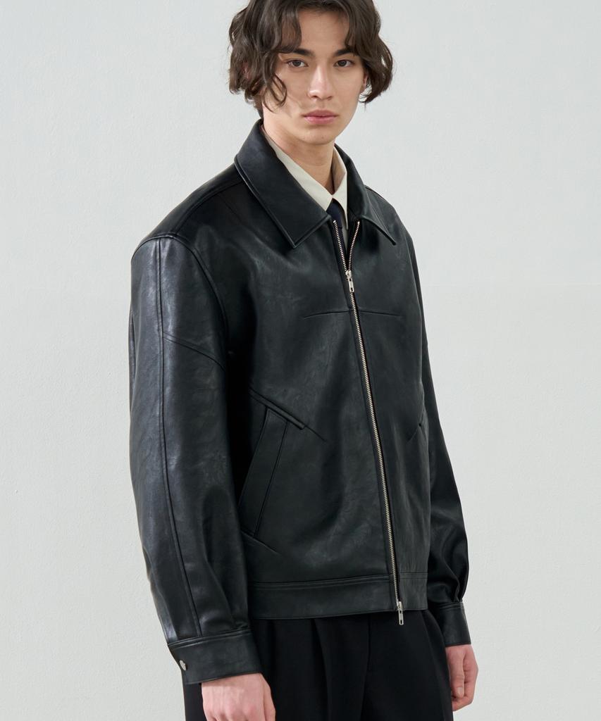 Draw Fit Incision Leather Blouson Jacket [Black]