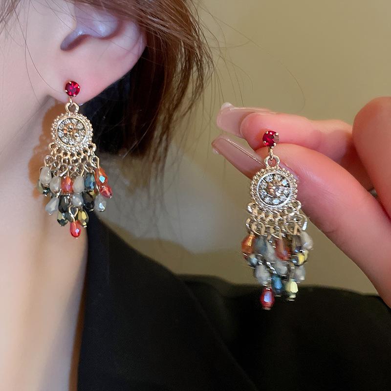 Bohemian Rhinestone Crystal Flower Tassel Silver Earrings - Vintage Ethnic High-End Jewelry