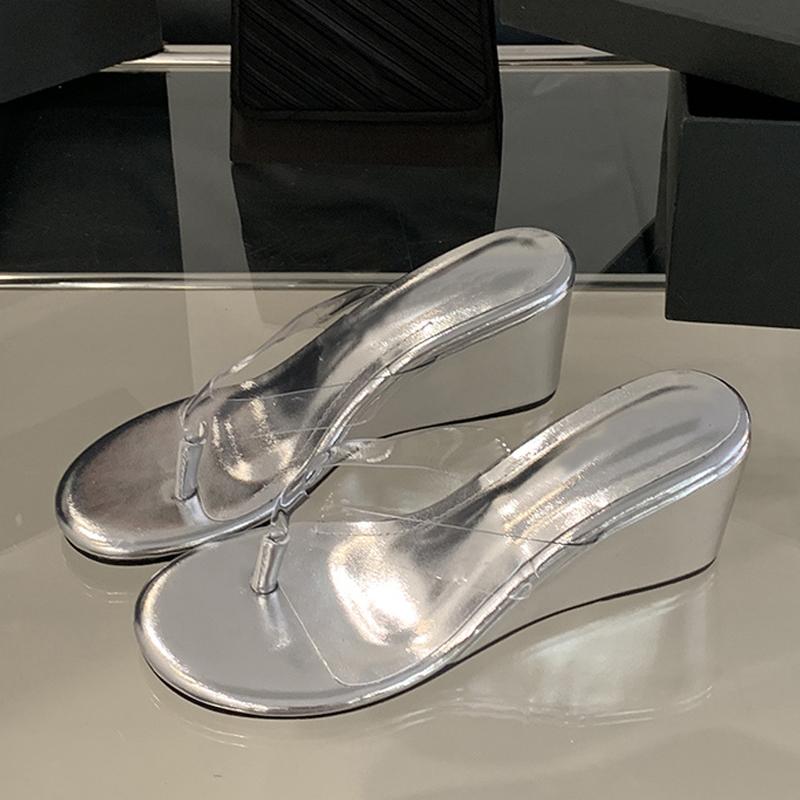 

Мода Liyke Летние танкетки Высокие каблуки Шлепанцы Женские тапочки Пинч ПВХ Прозрачный ремешок Дизайнерские шлепанцы Обувь Сандалии Женские мюли 35 серебряный