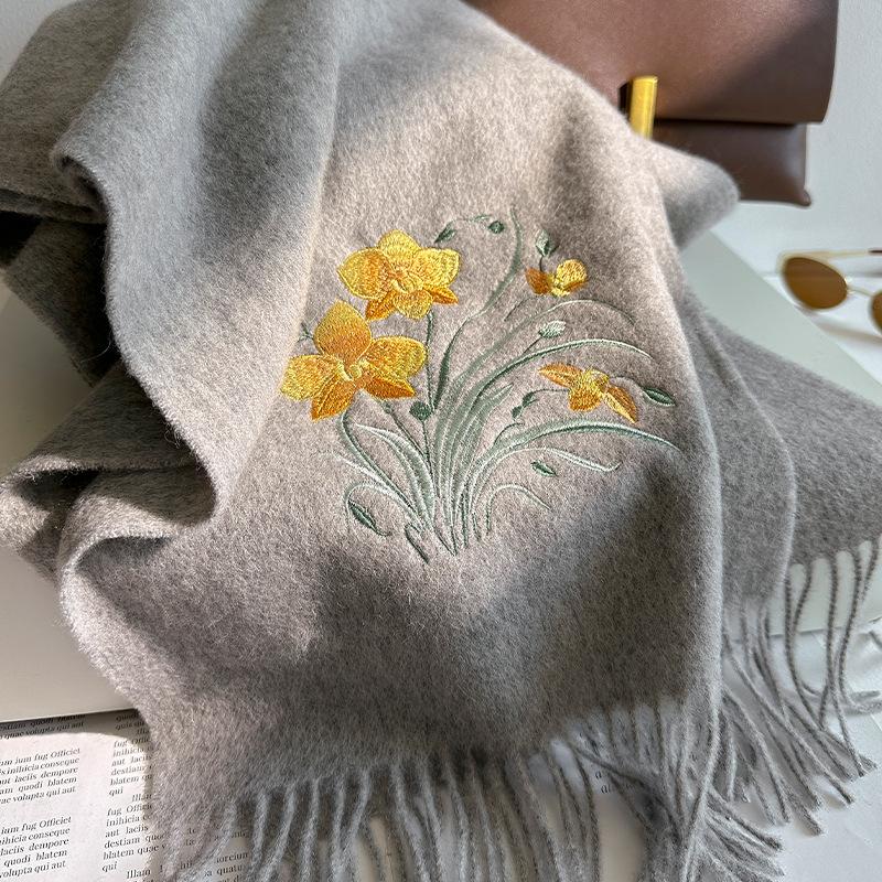 100% Wool Winter Scarf For Women Warm Embroidery Scarves Hijab Solid Lady Shawl Wrap Female Pashmina Bandana Head Scarfs New