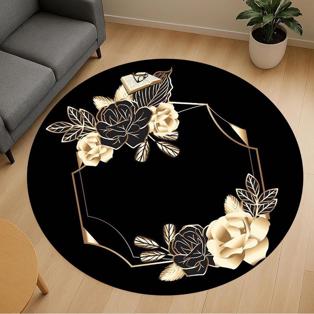 1PC Floral Frame Black and Gold Office Round Area Rug, Under Office Chairs Bedroom Living Room Home Decor,Carpet for Office, -1110282
