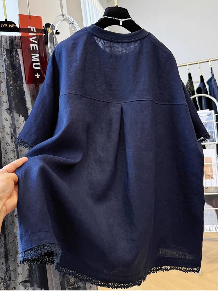 Damen T-Shirt mit kurzen Ärmeln aus Baumwoll-Leinen mit Spitzenbesatz - Schickes & Bequemes Sommeroberteil