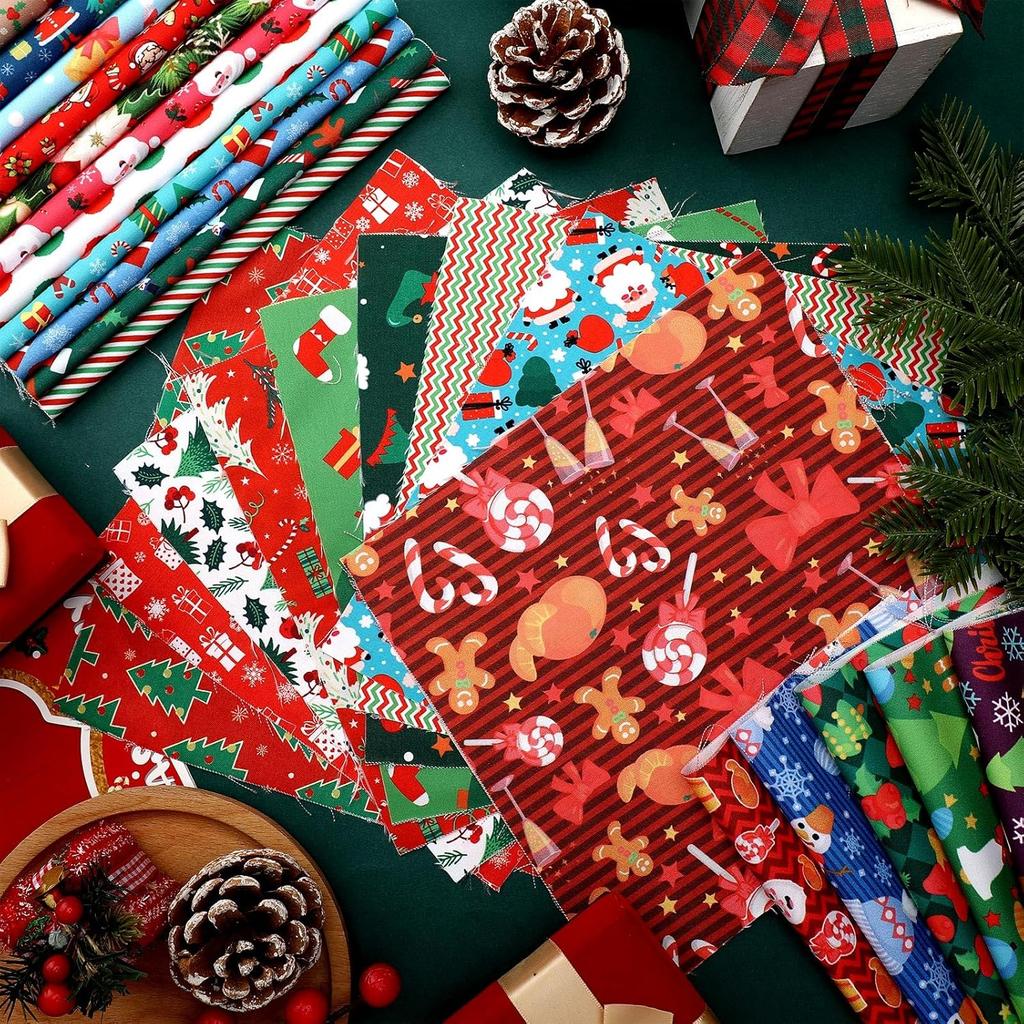 Irenare 100 Pcs 8 x 8 Inches Christmas Fabric Bundles Fat Quarters Santa Claus Precut Fabric Bundle Squares Xmas Tree Snowman Printed Sewing