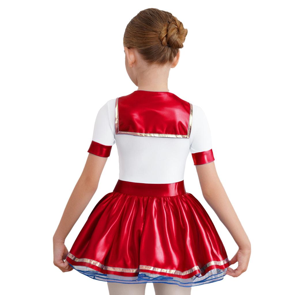 Costum de marinar pentru fete Bloc de culori Patchwork Luciu metalic Gât rotund Mânecă scurtă Cravată detașabilă Rochie bufantă