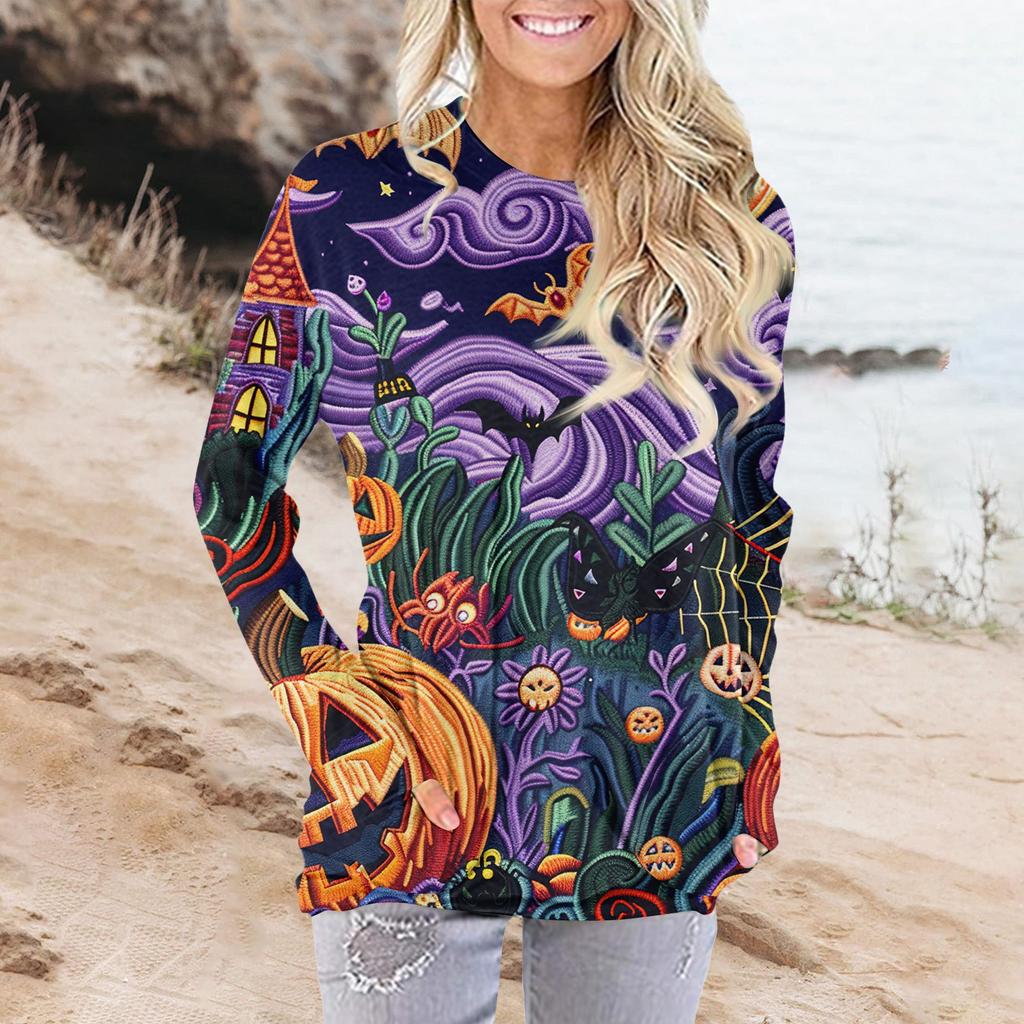 Damenmode Lässig Rundhals Print Langarm Tasche T-Shirt Top