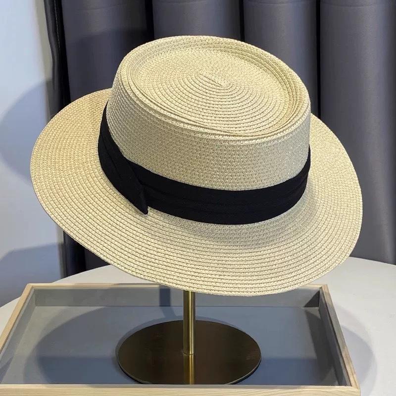 Flat-top straw hat women's straw top hat, new summer big-brimmed sun hat, seaside vacation sun hat