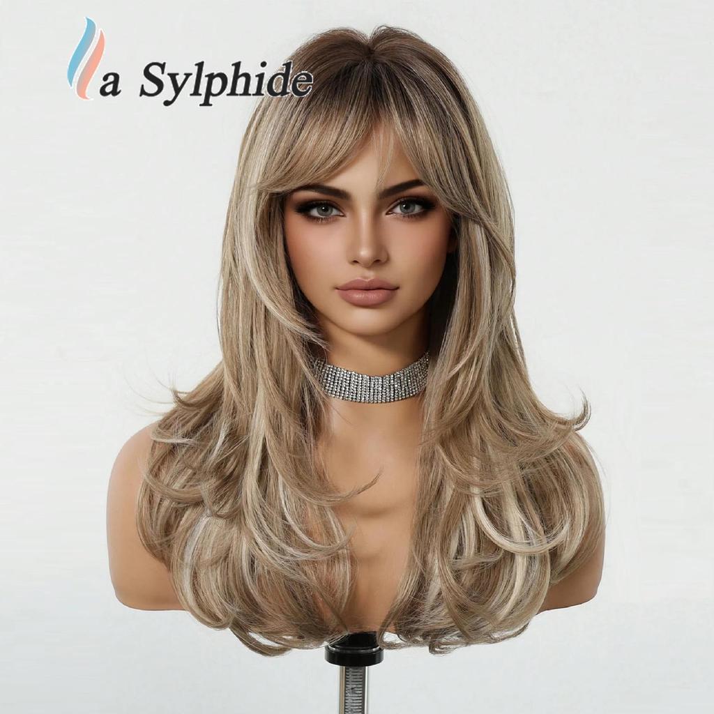 High-Temperature Resistant Gold Wig for Women - Long Curly Hair with Natural Bangs