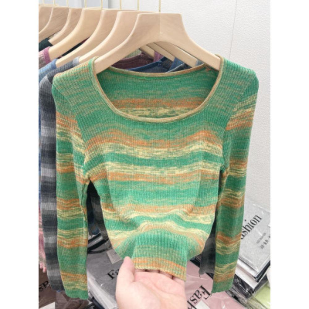 Nouveau Pull Tricoté Rétro d'Automne à Col Carré et Rayures Arc-en-ciel, Pull de Base Manches Longues pour Femme, Haut Court Ajusté