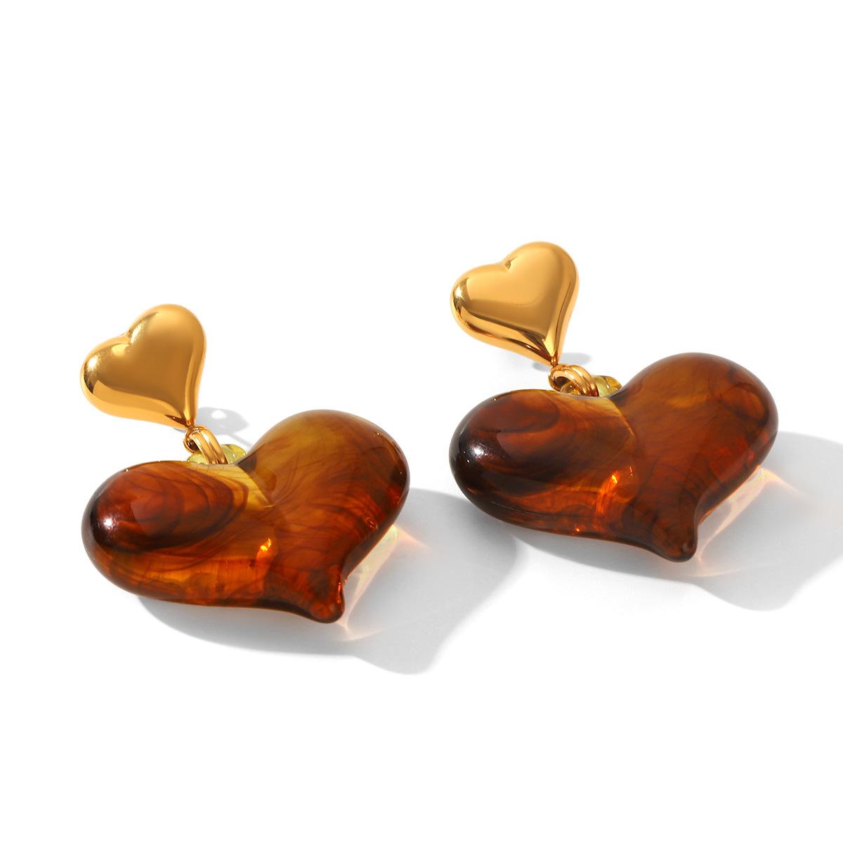 New Maillard-style amber earrings, niche high-end resin heart drop earrings, niche retro ear jewelry бронзовый
