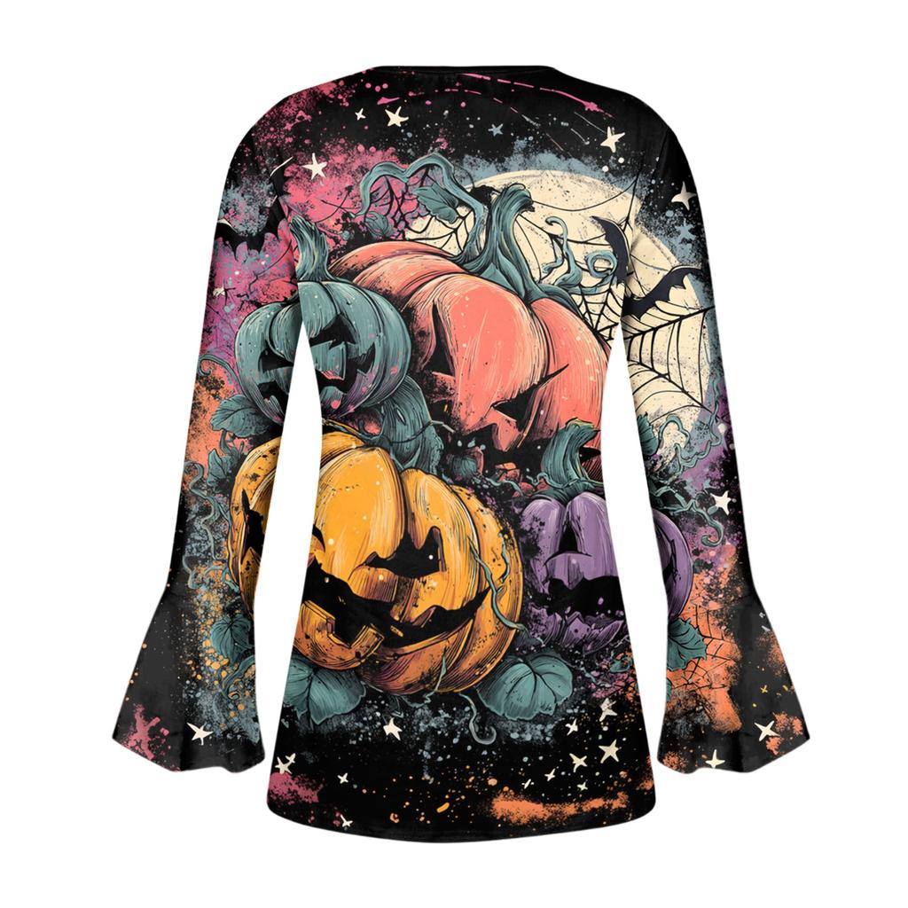 Women's Halloween Print V-Neck Long Sleeve Bell Sleeve Pleated Button Blouse