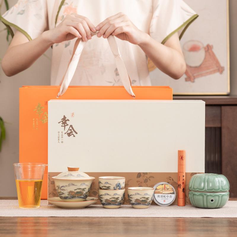 Ru kiln kung fu tea set gift box set teapot cover bowl incense burner high-end club leader business souvenir