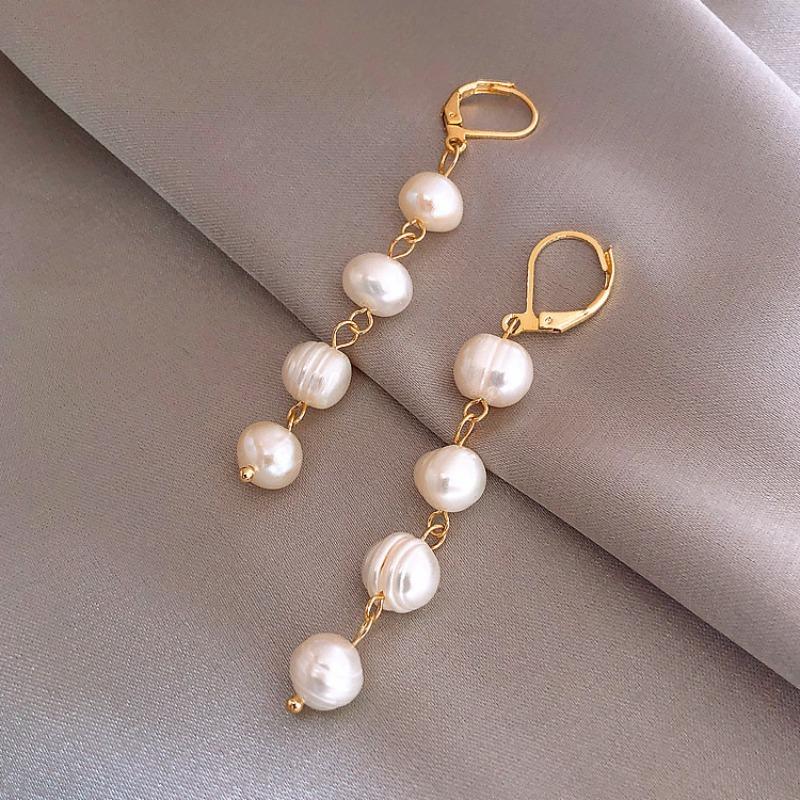 14K Gold Plated Copper Baroque Freshwater Pearl Long Tassel Hoop Earrings For Women Wedding Jewelry