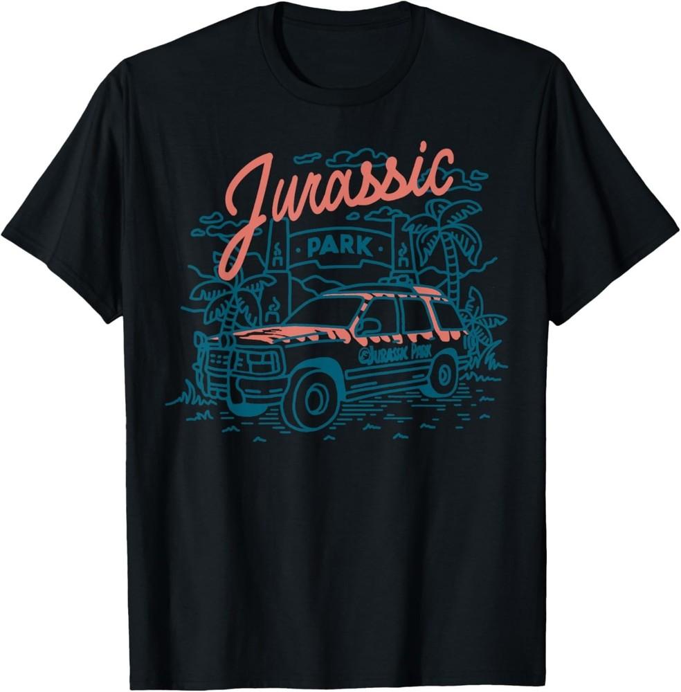 Jurassic Park Park Entrance with Tour Jeep Line Art T-Shirt