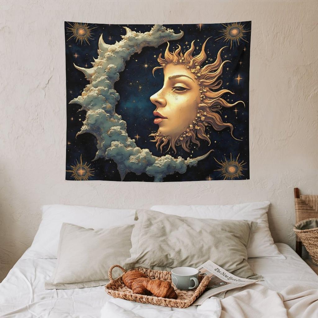 Sun and Moon Tapestry Psychedelic Mystical Floral Tapestry Hippie Bohemian Floral Plant Wall Hanging Vintage Aesthetic Tapestry