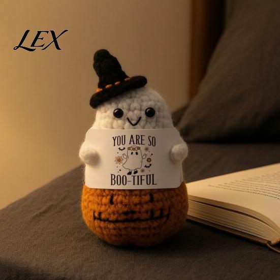 Adorable Holiday Party Favor Hand Knitted Halloween Ghost Ornament, Crochet Plush Doll with Tactile Comfort Sensory Toy Encouragement Card,