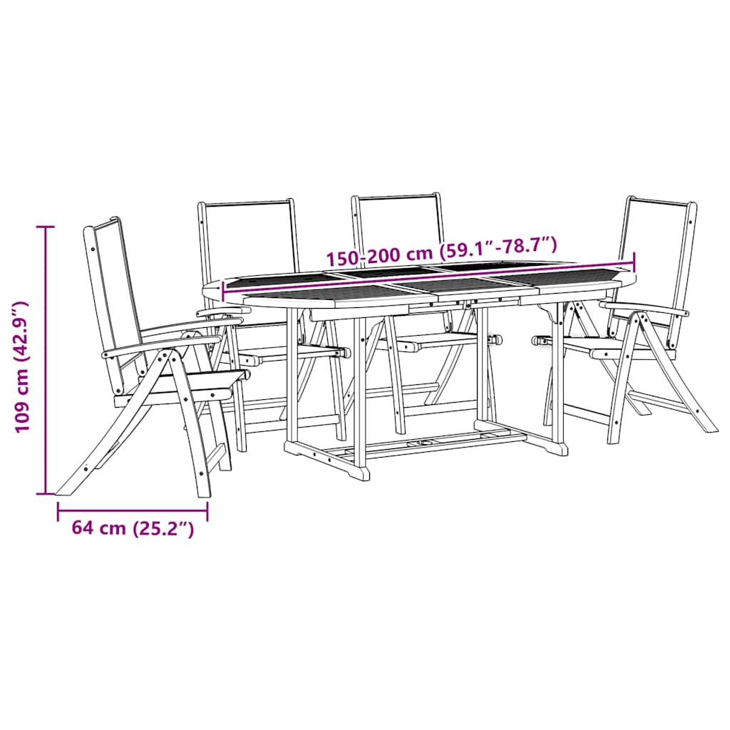 5 Piece Outdoor Dining Set Solid Acacia Wood Table & Textilene Chairs