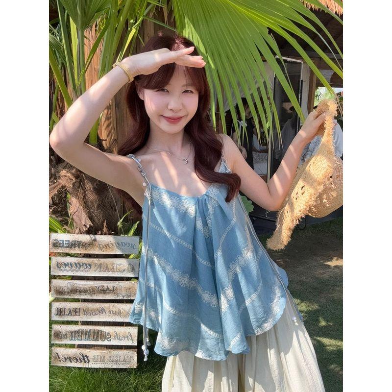 Kumikumi Holiday Style Set Irregular Cami Women Clothes Summer High Waist Loose Casual Pants Two-piece Set