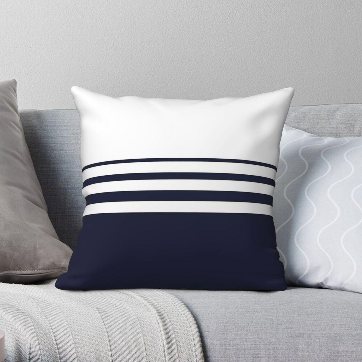 Green Harvest Unisex White Navy Stripes On Pillowcase Polyester Linen Velvet Creative Zip Decorative Throw Pillow Case Home Cushion Cover