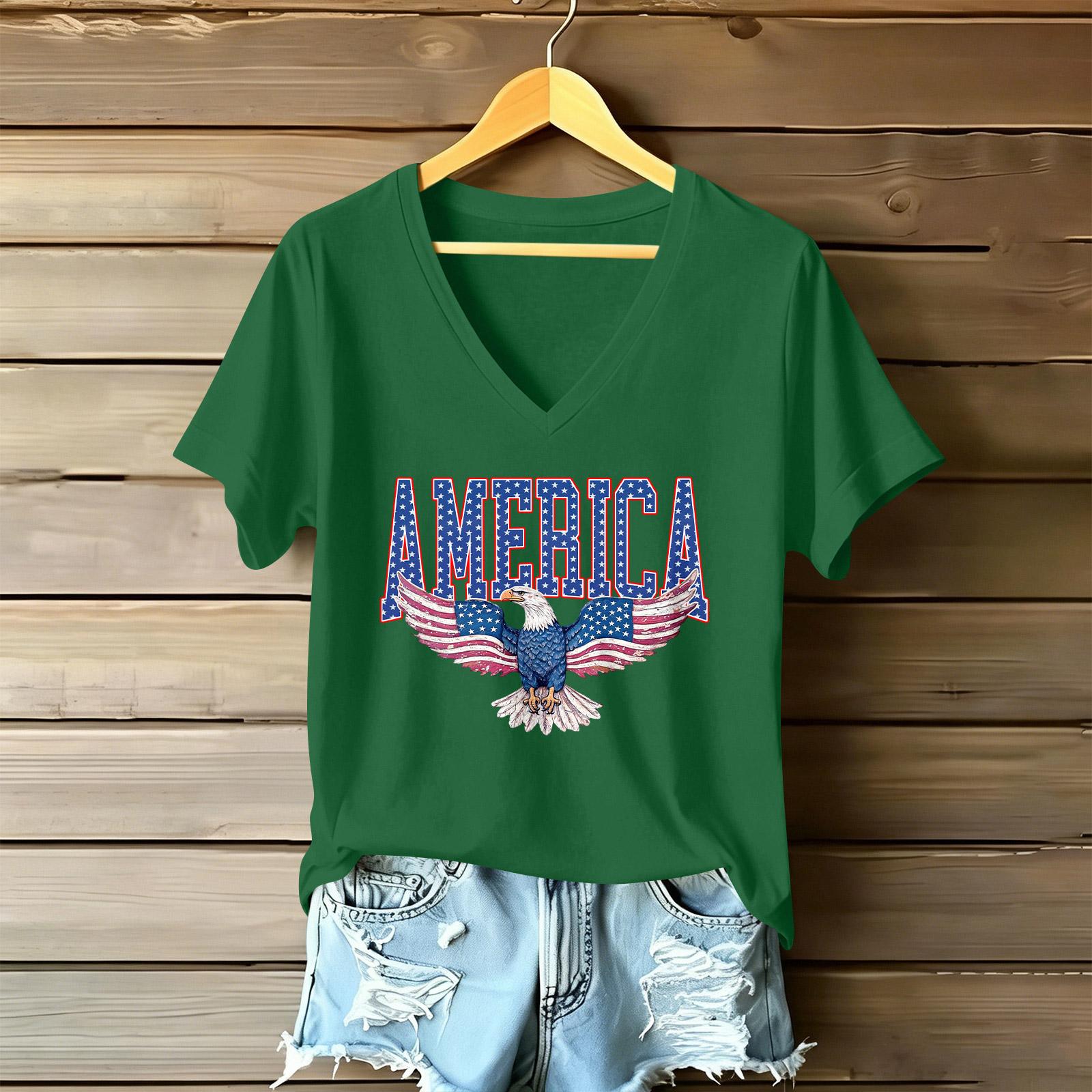

Women s Fashionable V-Neck Casual Retro Print Short Sleeved T-shirt Top XL зелений