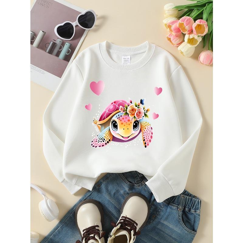 Girls Crew Neck SweatshirtCute Turtle with Flowers And Hearts, Soft Cozy Pullover, Warm Casual Outfit for Autumn & Winter