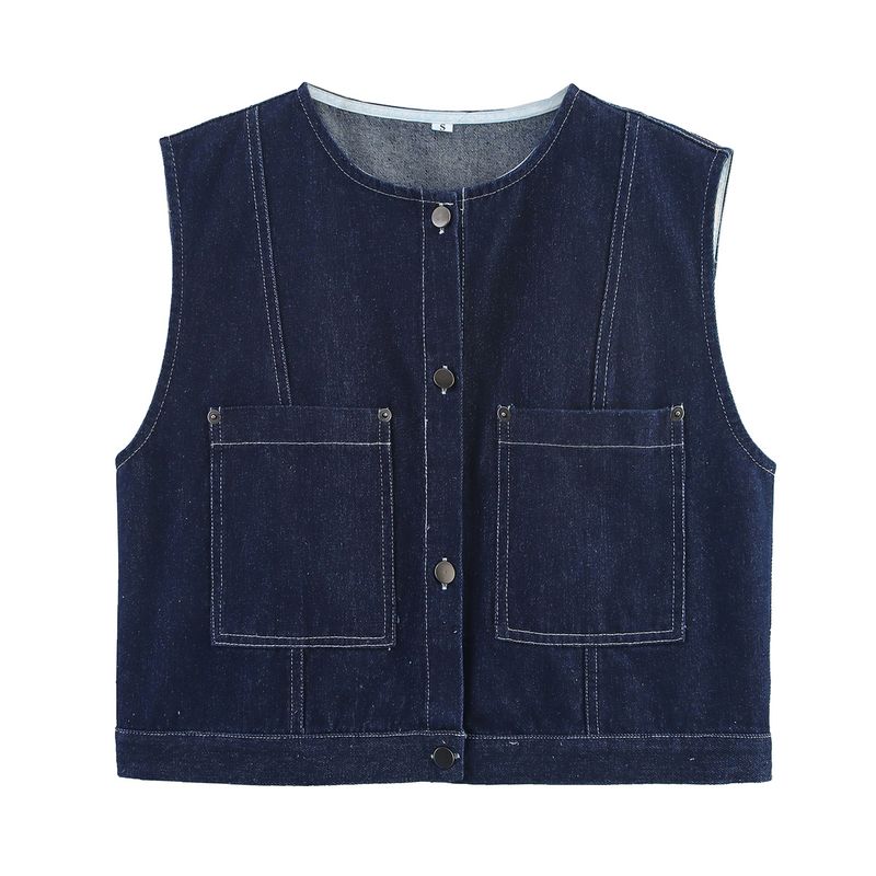Kaslead New Women clothes Western Style Fashion Simple and Versatile 2-Color Denim Button Buckle Vest Top
