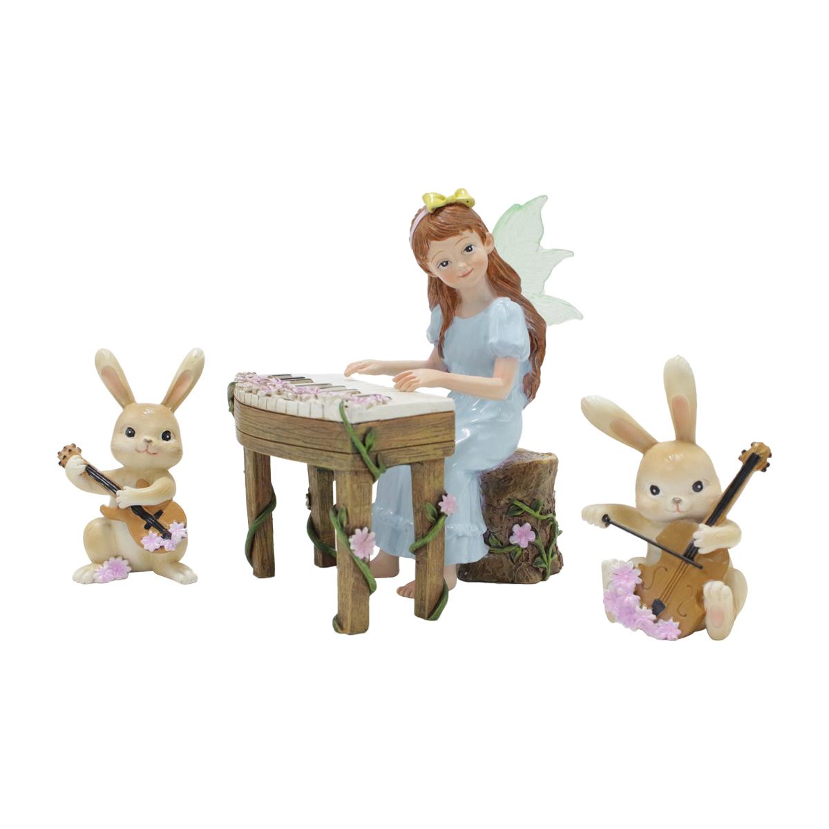 

4pc piano playing, flower fairy and rabbit playing music, Easter decoration sculpture ornaments, holiday garden scene decoration
