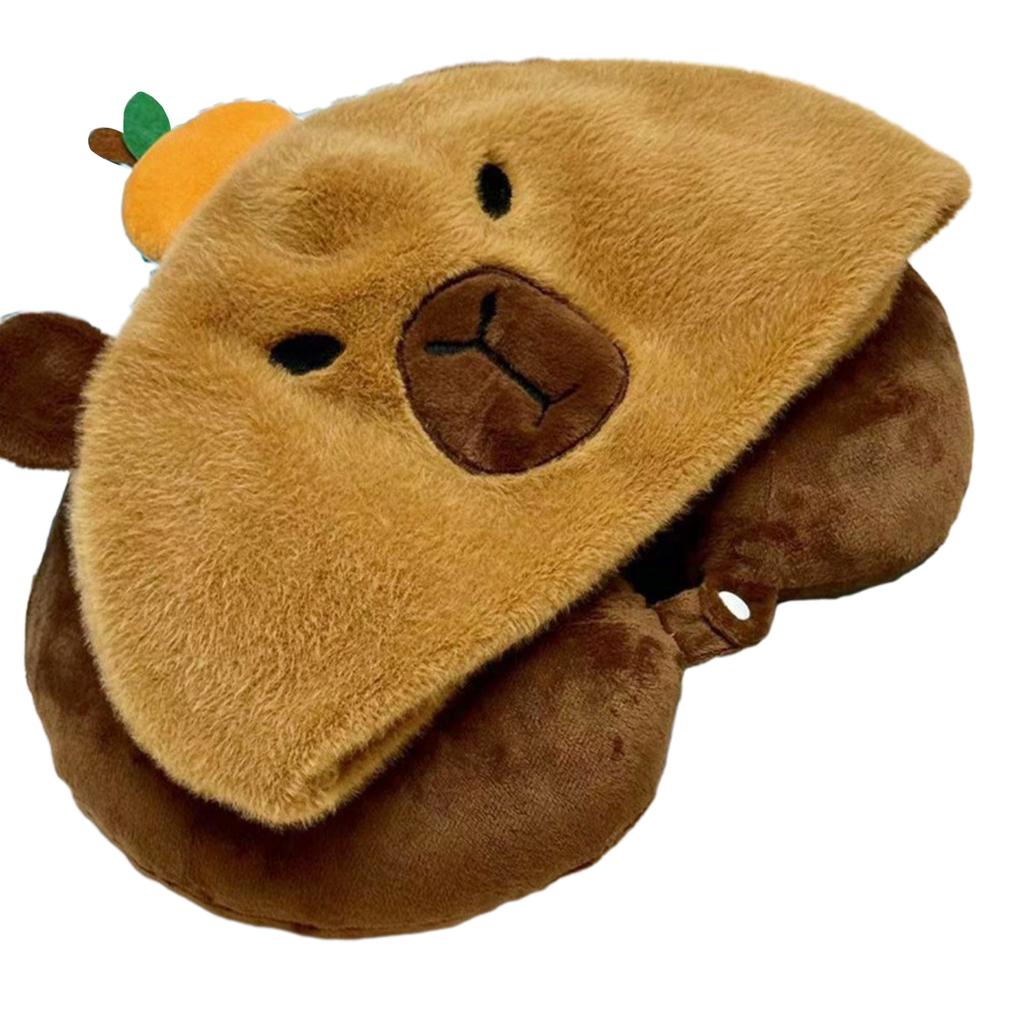 Lovely Plush Pillow with Hat Delightful Cartoon Animal Stuffed Neck Cushion Perfect for Adults and Children Traveling