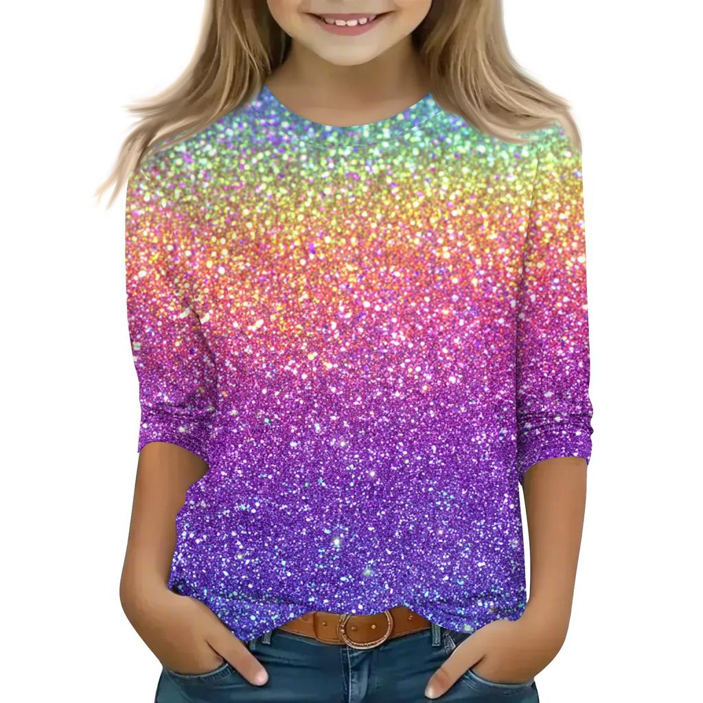 Print Tops For Youth Girls 5-16 Years Round Neck 3/4 Sleeves T-Shirts Trendy Tops Outfit Tees