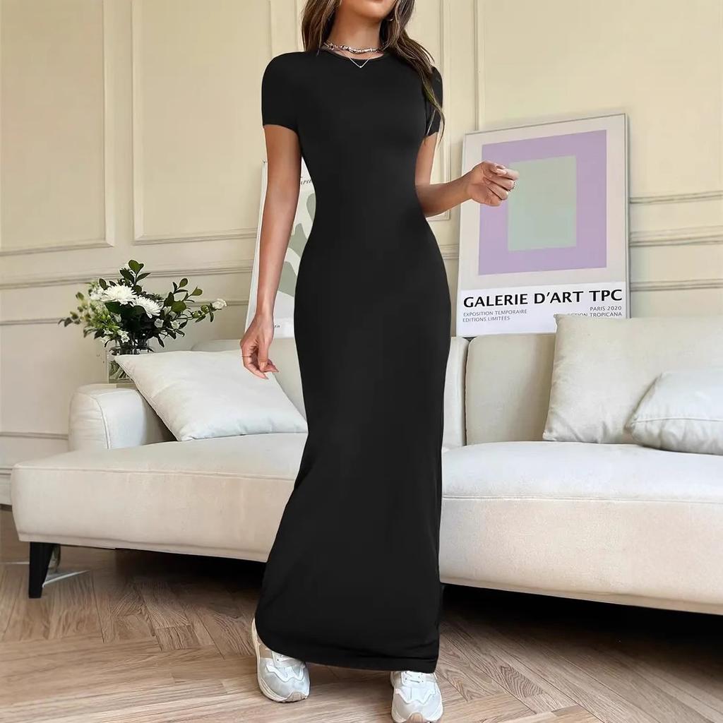 Spring Summer Elegant Solid Color Temperament Slim Fit Short Sleeved Dress Round Neck Pullover Fashionable Comfortable Long Dress