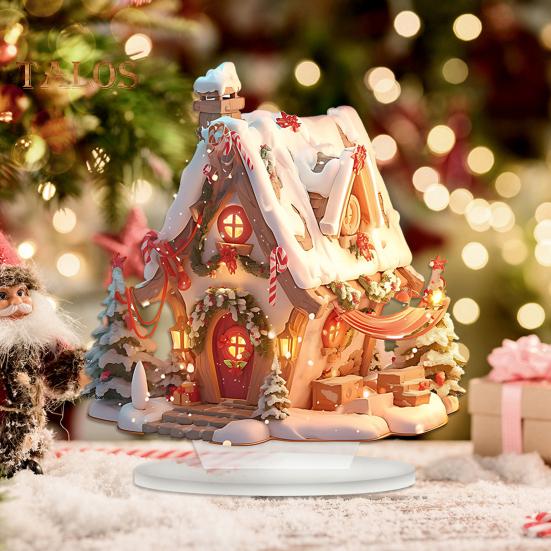 Christmas Acrylic Desktop Ornament Flat Snowy Cabin Ornament with Base Christmas Village Log Cabin Ornament for Holiday Table Decor