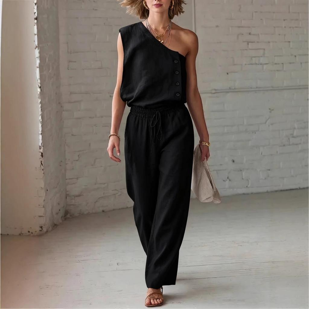 Women's Loose Fit Two Piece Pant Suit One Shoulder Sleeveless Button Detail Solid Wide Leg Long Pant Matching Outfit