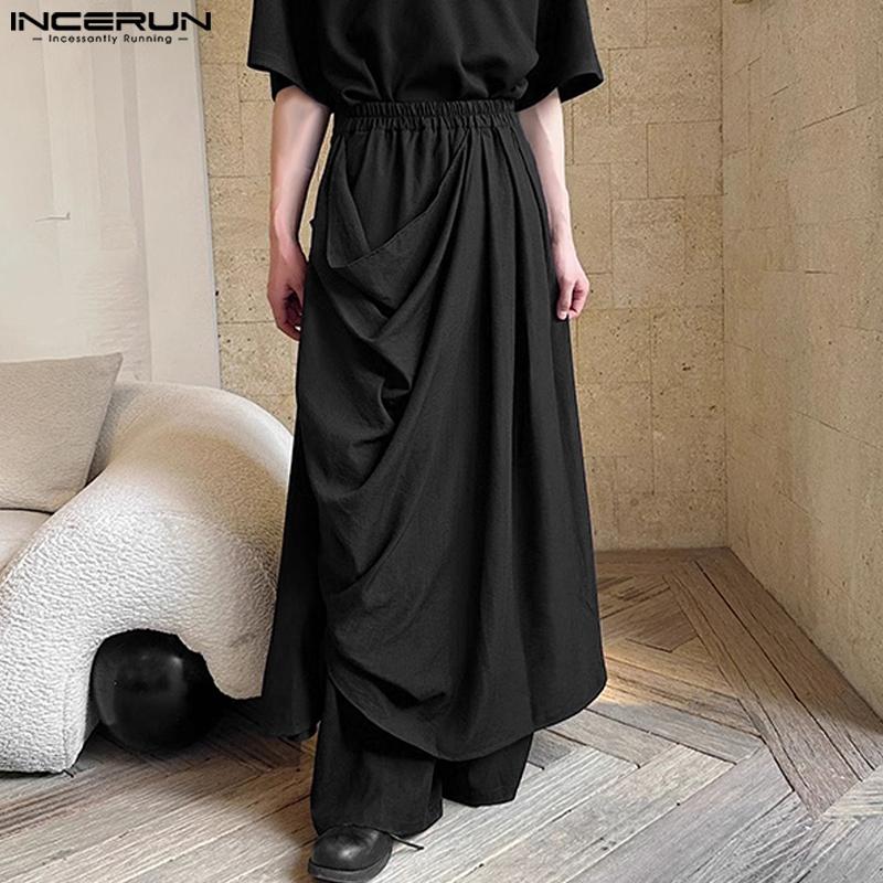 INCERUN Herre Elastisk Midje Uregelmessige Lag Casual Løse Lange Bukser Vide Ben Bukser