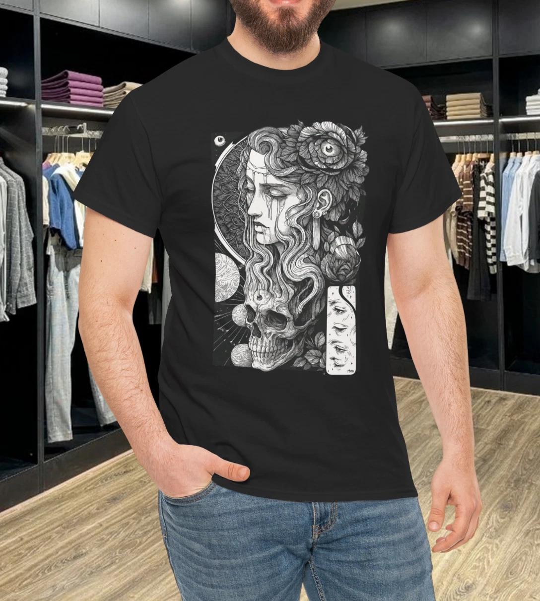 Surreal Floral Skull Goddess Art Nouveau Black 2XL