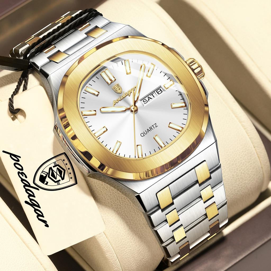 POEDAGAR Top Business Men Wristwatch Luminous Waterproof Stainless Steel Square Male Clock Week Date Quartz Casual Men's Watches