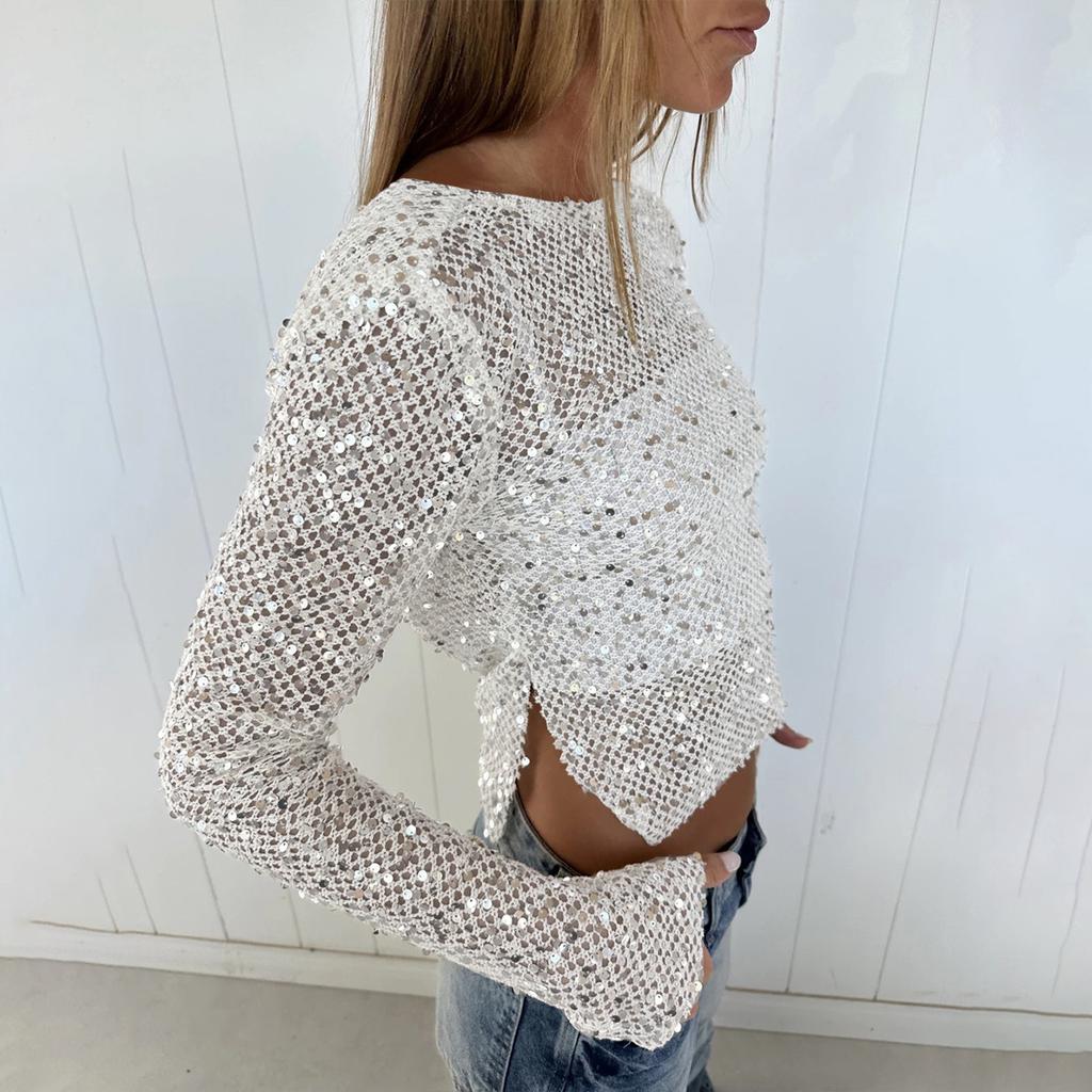 Spice girl beads fishing net new product hollow sexy front and rear can wear swinging collar long sleeves, top