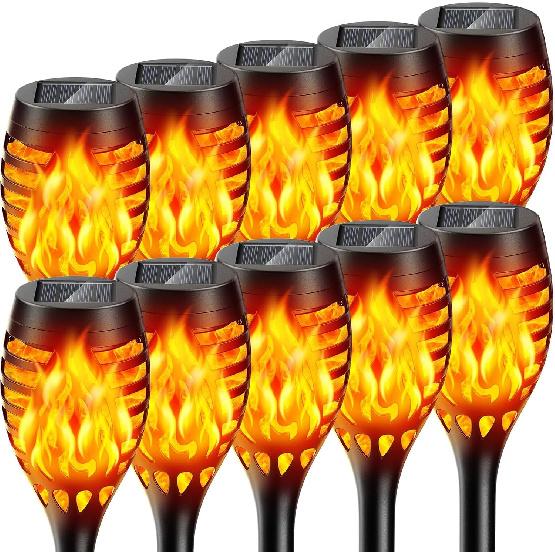 Solar Lights Outdoor: 10 Pack Solar Torch Lights Outdoor Flickering Flame for Halloween Decorations Outdoor - Waterproof Solar Garden Lights -