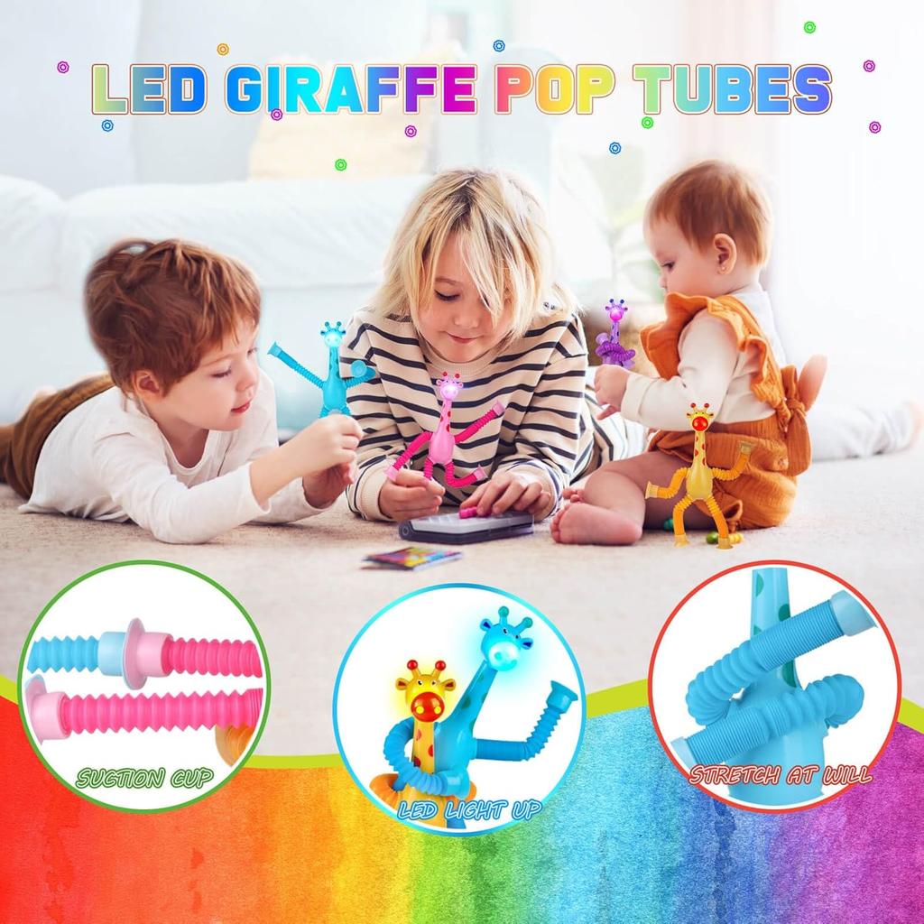 LED Giraffe Pop Tube Suction Cup Toys 4PCS, Easter Basket Stuffers Fidget Sensory Toys Telescopic Suction Cup Giraffe Toy