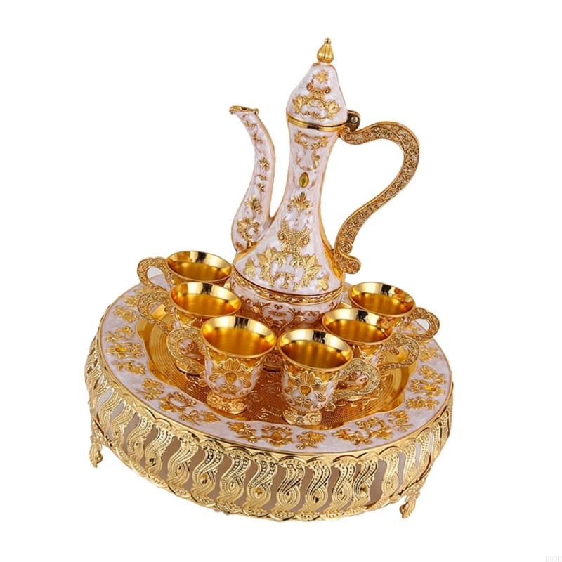 Elegant European Metal Barwares Set With Florals Embossed Decanter Tray and Glasses for Home Entertaining B03E