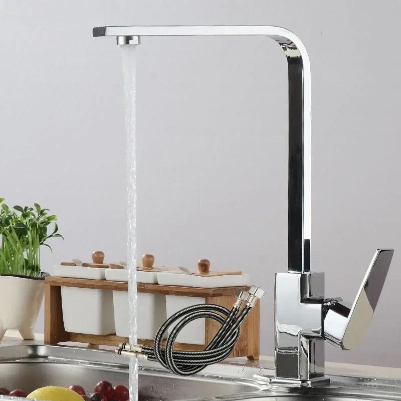 Square Kitchen Faucets 360 Degree Rotation Hot and Cold Water Taps Deck Mounted Mixer Tap Stainless Steel for Household Basin