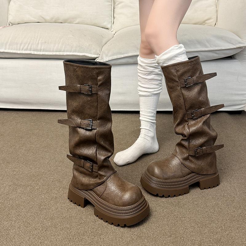 Belt Buckle Pleated Thick-soled Versatile Boots Women's Autumn 2025 New Popular Trousers Western Boots Ins Trendy Boots