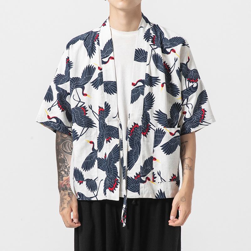 Летний китайский стиль мужской ретро-тренд даосский халат хлопок и лен кардиган тонкая рубашка японское кимоно куртка S белый