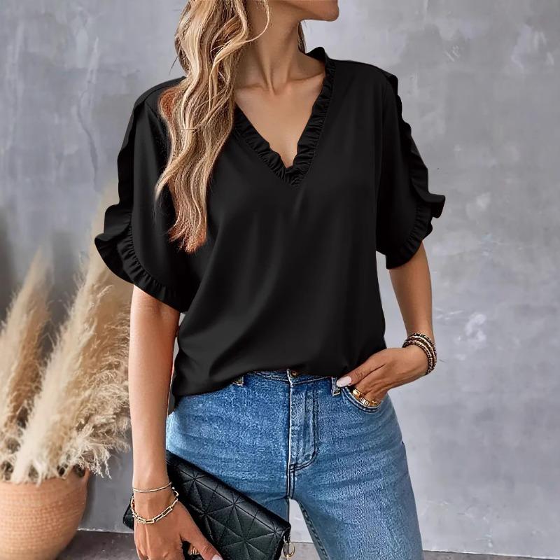 Summer Casual Short Sleeve Shirt Women V Neck Ruffle Design Loose Tee Tops Solid Elegant Women T-Shirts