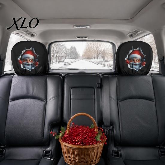 Festive Vehicle Seat Accessories 2Pcs Santa Car Headrest Covers, Christmas Printed Pillow Cases, Universal Fit Travel Decorations for Most Vehicles,