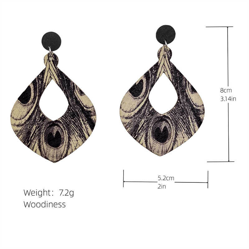 Bohemian Peacock Feather Long Earrings Wooden Earrings Retro Ethnic Style