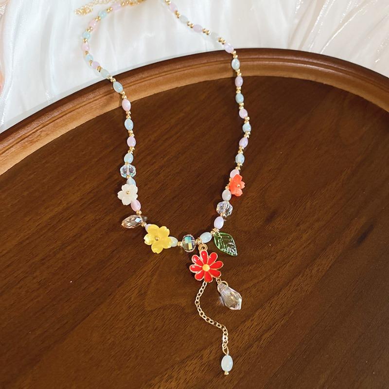 Summer Limited~ Crystal Stone Beaded Resin Flower Bracelet Necklace Ear Hook Set Dopamine Sweet Jewelry