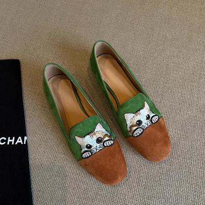 Nuevos Zapatos Lefu de un solo paso con bordado de gatito para mujer, exterior simple, suela plana, cómodos, de cuero, zapatos individuales