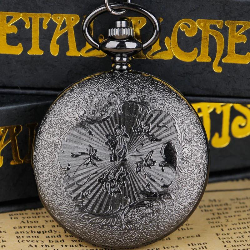 10pcs/lot Wholesale Black Vintage Quartz Pocket Watch Dragon Engraved Flip Roman Dial Students Gift Men Women Necklace Clock